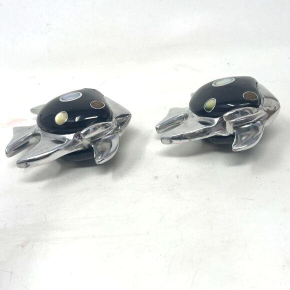 Vintage Silver & Black Metal Pair Fish Figurines With Inlaid Stone Abalone *RARE - Picture 9 of 11